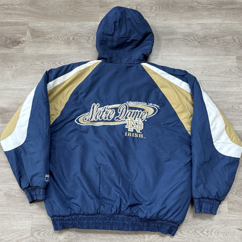 Vtg 90s Notre Dame Fighting Irish Logo 7 Hooded Puffer Jacket Mens Large Blue